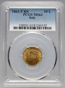ITALIA, ORO 10 LIRE 1863-T BN PCGS MS 63, RARO9 - Foto 1 di 2