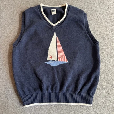 Janie and Jack Sailboat Sweater Vest Kids Boys 6 Blue Cotton V Neck Preppy - Image 1 of 4