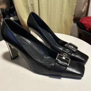 Bowl Style Stuart Weitzman Black leather Square Toe Heel Pump Shoes 3" sz:8.5 - Picture 1 of 9