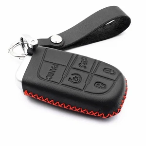 5 Buttons Black Leather Smart Key Cover Chain Fob Case for Jeep Dodge Chrysler - Picture 1 of 5