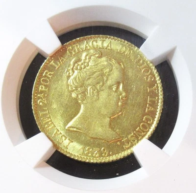西班牙伊莎贝尔二世金 "De Vellon" 80 Reales 1839 B-PS 评级 MS61 NGC — 第 1/4 张图片