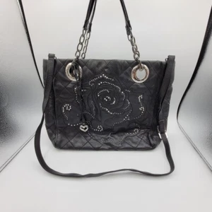 Brighton Black Quilted Leather Studded Rose Design Purse Pre-Owned & Loved - Picture 1 of 9