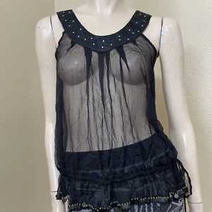 Women’s Black Silk Casual Opened Beaded Embroidered Sheer Tie Size L Top Blouse - Picture 1 of 12