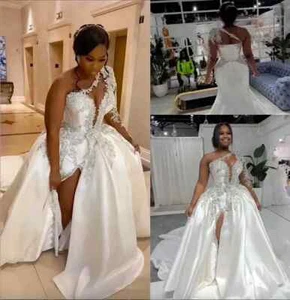 Applique Wedding Dresses Plus Size One Shoulder High Waist Split Bridal Gowns - Picture 1 of 11