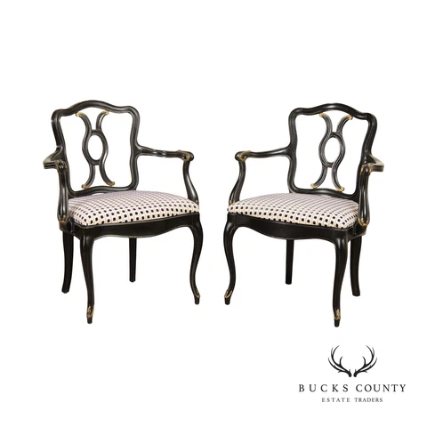 French Louis XV Style Pair of Carved Ebonized Dining Armchairs Cover