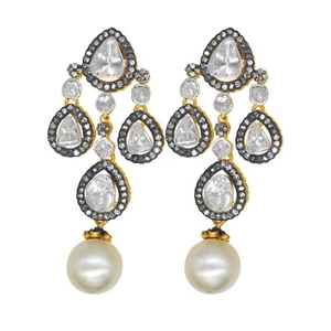 925 Sterling Silver Gold Plated Natural Diamond Polki Pearl Womens Earrings Pair - Picture 1 of 3