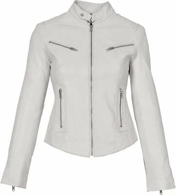 CLASSIC New Women's Collar Loop White Jacket 100% Real Lambskin Moto BikerJacket - Image 1 of 4