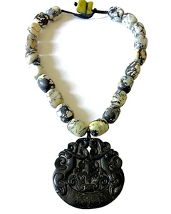VINTAGE CHINESE JADE Jadeite Carved Pendant Necklace Multi-Stones Hand Tie Rope - Picture 1 of 8