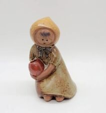 Vtg Speckled Stoneware Figurine Girl W Red Pot Tiny Bud Vase Incense Holder 