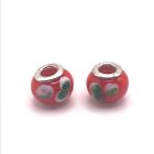 925 Sterling Silver Red Orange Floral European Murano Glass Bead Charm Set Of 2