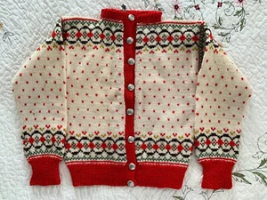 VTG William Schmidt Red Fair Isle Wool Knit Child's Sweater Handmade in Norway - Picture 1 of 4