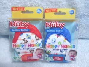 Set Of 2 Nuby Happy Hands Teething Mitten New In Package Red & Blue 