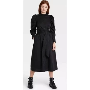Womens Black Puff Long Sleeve Midi Button Up Shirt Dress Prologue - Picture 1 of 10