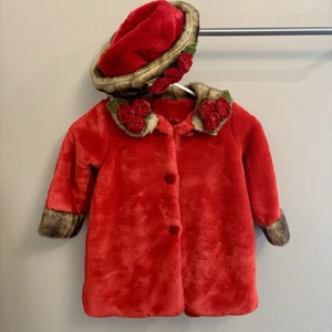 Rosetta Millington Girls 4T Faux Fur Red Coat Matching Hat Rosettes Pockets Soft - Picture 1 of 9
