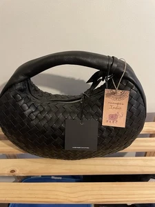 Mercer & Madison Black Leather Shoulder Bag Woven Hobo Medium Large - Picture 1 of 8