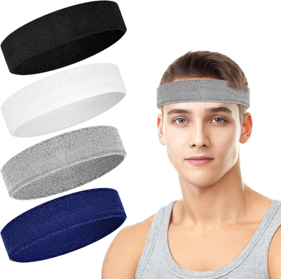4 Pack Headbands for Men, Sweat Bands Headbands Men & Women, Cotton Terry Sweat  - Image 1 of 4