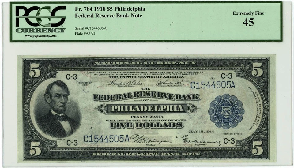 FR.784 $5 1918 Federal Reserve Bank Note Philadelphia XF45 PCGS 950750-65 - Image 1 of 3