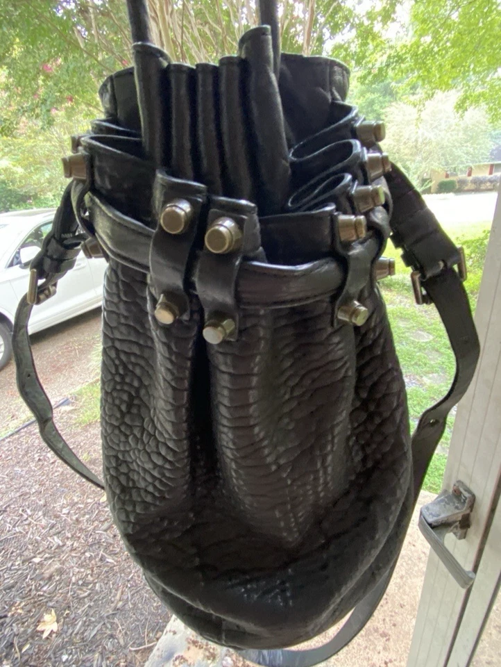 ALEXANDER WANG Diego Black Pebbled Leather Bucket Bag w/ Studded Bottom - Image 1 of 4
