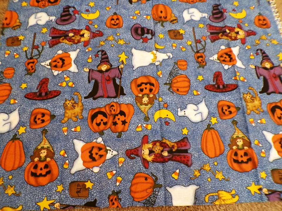 18" Leslie Beck Halloween Witch Hat Cat Pumpkin Ghost Candy Corn on Blue Crackle - Image 1 of 1