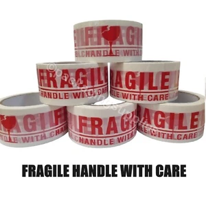 HANDLE WITH CARE FRAGILE TAPE   50MM 2"X 66M PRINTED PACKING PARCEL  BOX SEALING - Picture 1 of 3