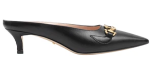 Gucci Zumi Black Leather Silver Gold GG Kitten Heel Mule Slide Loafer Pump 37 - Picture 1 of 12