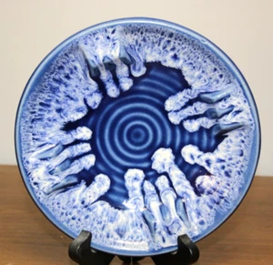 Vintage Large Mid Century pottery Blue white Drip Glaze Ashtray 8" USA - Picture 1 of 6