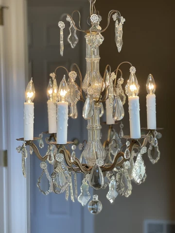 Antique French Crystal Girandoles Chandelier Brass Armature 6 light Cover