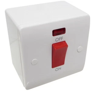 45 Amp Cooker Switch Double Pole with Neon Red Rocker and 47mm Deep Back Box - Picture 1 of 15