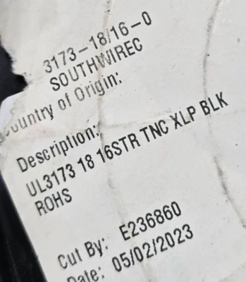 Fio de painel Southwire #18awg SIS UL-3173 XLPE cobre estanhado preto/100 pés - Imagem 1 de 4