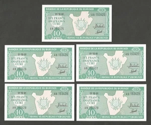 Burundi 10 Francs 1991; UNC; 33b; BNB-B214f; Karte; Lot von 5 aufeinanderfolgenden Nummern - Bild 1 von 2