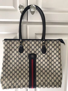 Bolso de Mano Gucci Vintage Clásico Azul Marino GG Lona Rayas Mango Superior Excelente - Imagen 1 de 12