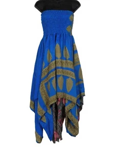 Floral Strapless Summer Dress Two Layer Zig Zag Silk Style Recycled Sari Viscose - Picture 1 of 7