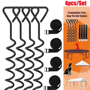 4x Heavy Duty Trampoline Anchor Kit Pegs Tie Down Straps Swing Corkscrew Ground - Picture 1 of 17
