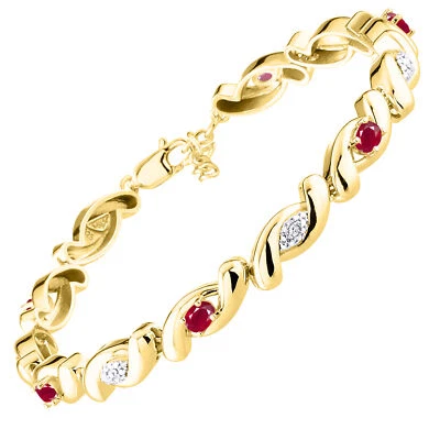 RYLOS RUBY & DIAMOND TENNIS BRACELET YELLOW GOLD PLATED SILVER 7-8"  - Image 1 of 4