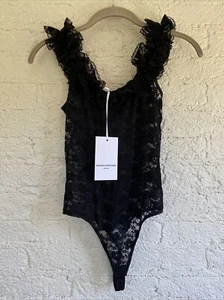 NWT Amanda Uprichard Black Ruffle Neck Floral Sheer Lace Thong  Bodysuit Size P - Picture 1 of 4
