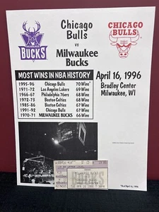 Chicago Bulls vs Bucks 16 aprile 1996 70a vittoria biglietto autentico stub con poster - Foto 1 di 5