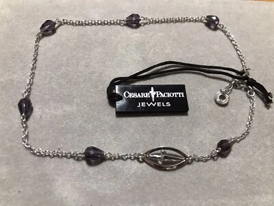 Cesare Paciotti Collana Girocollo Argento 925 E Pietre Viola Con Spadino Nuovo  - Immagine 1 di 2