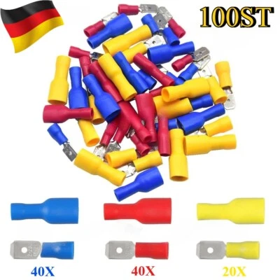 100 tlg Flachstecker Flachsteckhülsen Quetschverbinder Isoliert Kabelschuhe Set - Bild 1 von 4
