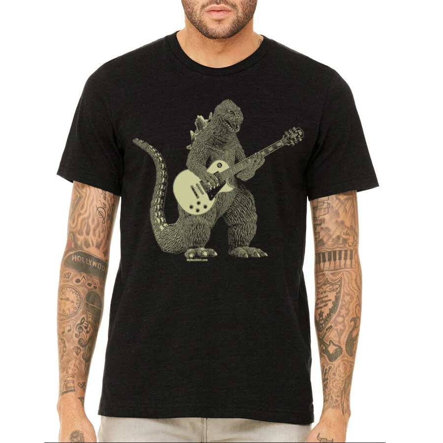 Camisa para tocar la guitarra Godzilla, camiseta Kaiju para hombre, camiseta genial de dinosaurio, lagarto Foto 1 de 4