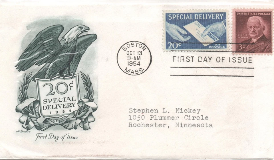 October 13 1954 USPS FDC 20 Cent Stamp Special Delivery w/Eastman 3 Cent Vintage - Image 1 of 1