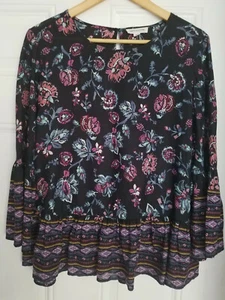 Women's Beach Lunch Lounge 100% Rayon Colorful Ruffle Loose Fit Flowy Blouse L - Picture 1 of 12