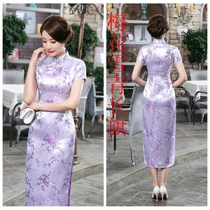 Traditional East Women's Silk Satin Long Dress Cheongsam Qipao SZ S-6XL Purple - Picture 1 of 3