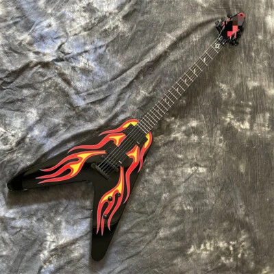 Red Flame Flying V Electric Guitar Solid James Hetfield HH Pickups Fixed Bridge - Image 1 of 4