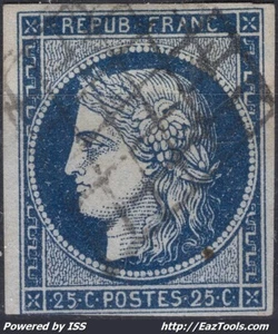 FRANCE CERES 25c BLEU N°4 AVEC OBLITERATION GRILLE A VOIR - Picture 1 of 2