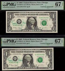2003 $1 FRN 2 consecutive PMG 67EPQ 2nd highest graded courtesy autograph stars - Picture 1 of 7