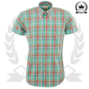 Camisa a Cuadros Relco Para Hombres Verde Manga Corta Cuello Abotonado Tartán Vintage Mod - Imagen 1 de 10
