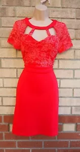 PARTY RED LACE CUT OUT NECK SHORT SLEEVE BODYCON PARTY COCKTAIL DRESS 10 S - Picture 1 of 5