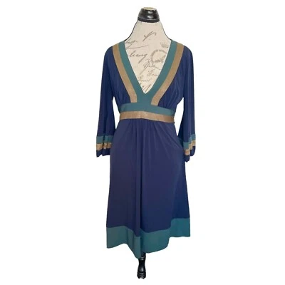 Laundry By Design Dress Size Small  V Neckline Gold Green Trim Empire Striped  - Image 1 of 4