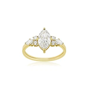 1.65 CT Lab Grown Marquise and Round Cut Diamond Engagement Ring 14K Gold - Picture 1 of 3