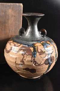 U696: Japanese Old Oribe-ware Green glaze Flower Hanging FLOWER VASE w/box - Picture 1 of 9